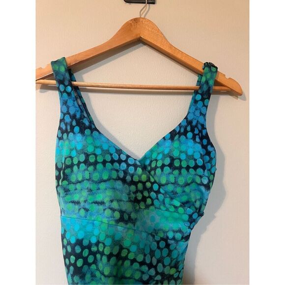 Maxine Women's Sized 12 One Piece Swimsuit Dress Blue Abstract Dot Psychedelic - Picture 3 of 8